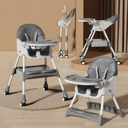 Scaun de Masa pentru Bebelusi si Copii, Cyrax, cu Roti, Telescopic, Pliabil, Masuta Reglabila, Suport Picioare, Scaun cu Invelis Piele Artificiala, Centura Siguranta, Spatiu Depozitare, 97x73x65 cm, Gri