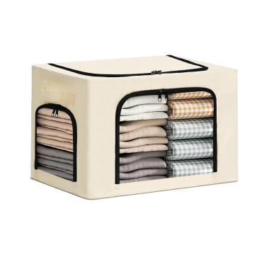 Cutie de Depozitare,  cu 3 Ferestre cu Fermoar Bidirectional, Cadru din Otel, Impermeabil, 38L, 42 x 30 x 30 cm, Bej