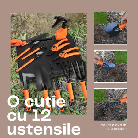 Set 12 accesorii pentru gradinarit  geanta depozitare inclusa, otel inoxidabil, 37 x 27 cm, portocaliu
