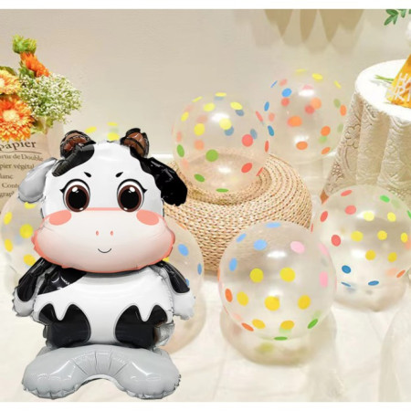 Balon din Folie Metalizata, Cyrax, Mini Figurine Animalute, Model Vacuta, Tematica Aniversare, 38x58 cm, Ambalaj Individual, Pai Inclus, Umflare cu Aer sau Heliu, Multicolor