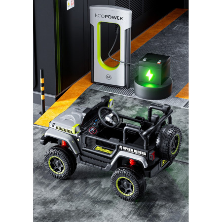 Masina Electrica pentru Copii, Cyrax, Off-Road, Conectare Bluetooth, telecomanda, Tractiune Spate, Lumina Intermitenta, Baterie 12V 7Ah, 120 x 63 x 68cm, Gri
