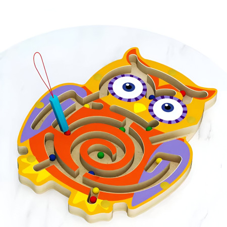 Joc Montessori cu Bile, Cyrax, Creion Magnetic, Tip Labirint, din Lemn, Model Bufnita, 18.5x17.5 cm, Portocaliu-Mov