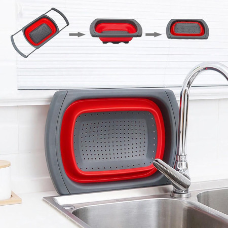 Cos de Scurgere Retractabil pentru Chiuveta, Cyrax, cu Filtru, pentru Fructe si Legume, de Uz Casnic, 39x12 cm, Design Extensibil pana la 61 cm, cu Manere de Prindere, Rosu