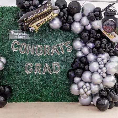 Set 10 Baloane din Latex Chrome, Cyrax, Model Party, 23 cm, Negru Argintiu, 2.2 g