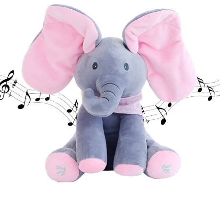 Jucarie Interactiva pentru Copii, Cyrax, Elefantel Peek-a-boo, Muzica, Misca Urechile, Alimentare cu Baterii, 30 cm, Roz-Gri