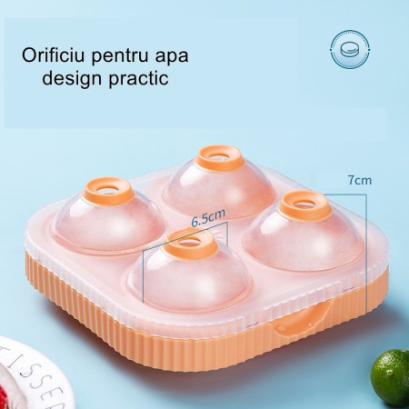 Set 2 forme sfere de gheata pentru wiskey si cocktail-uri Cyrax, 4 sfere, material plastic/silicon alimentar, diametru 6.5 cm, cu orificiu tip palnie pentru umplere, 17 x 17 x 7 cm, multicolor