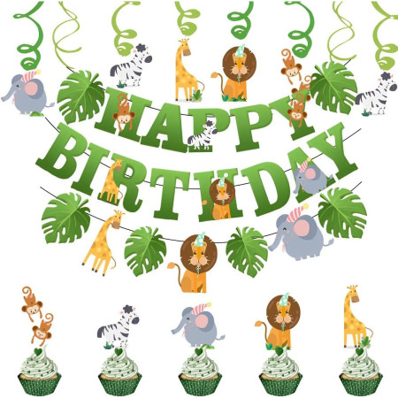 Banner Happy Birthday 100x200 cm, Cyrax, Rola de Ata Inclusa, Tematica Jungle, Verde