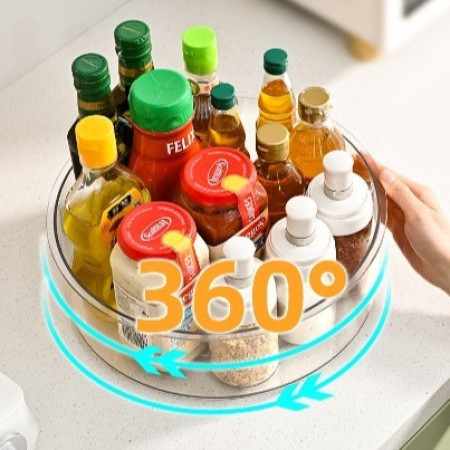 Suport Rotativ pentru Condimente, Cyrax, Multifunctional, Rotund, 360 de Grade, pentru Bucatarie, Plastic, 30.5x30.5x10 cm, Transparent