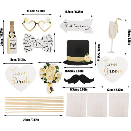 Set 10 Accesorii pentru Petrecere, Cyrax, Props pentru Coltul de Poze, Model Mire si Mireasa, Tematica Nunta, Multicolor