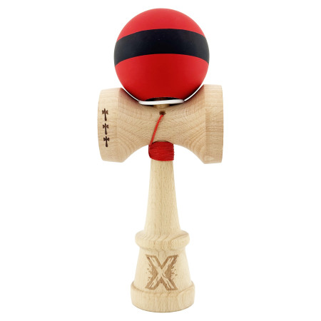 Kendama X Originala, Profesionala, Cyrax, Cupe Mari KING SIZE V3, Rubber Grip, Gaura in Baza, Rulment Metalic, din lemn 18 cm, Ata 62/65 cm, M Bicolor Rosu Dublu/Negru