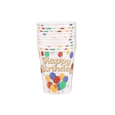 Set 10 Pahare, Cyrax, Imprimeu Happy Birthday, Baloane din Carton, 230 ml, 7.5 x 8.6 cm, Multicolor