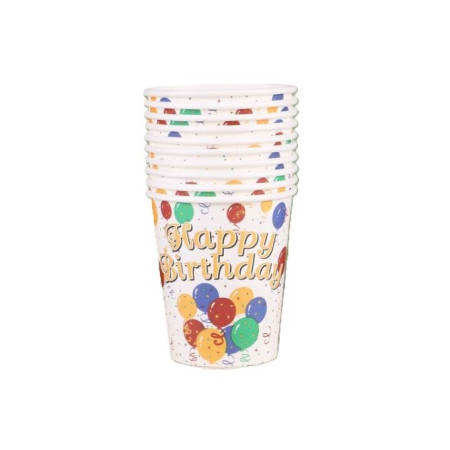 Set 10 Pahare, Cyrax, Imprimeu Happy Birthday, Baloane din Carton, 230 ml, 7.5 x 8.6 cm, Multicolor