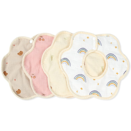 Baveta Tip Floare, Cyrax, din Bumbac, pentru Copii 0-12 Luni, Rezistenta la apa, cu Capse, Model cu Ursuleti, 26 x 29 cm, Crem