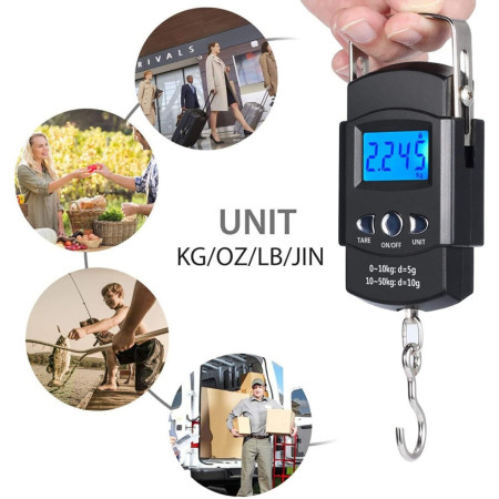 Cantar Digital de Mana cu Carlig, Cyrax, Cantar Portabil, Pescuit, cu Maner, Capacitate 50 kg, cu Metru Incorporat, 20.5 x 6 x 2.5 cm, Negru