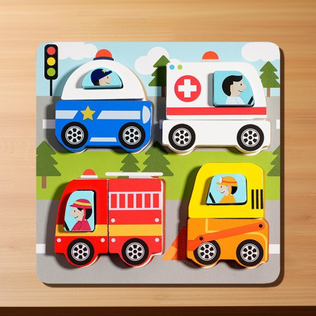 Jucarie Montessori, Cyrax, Tip Puzzle 3D, din Lemn, +36 Luni, Model Masini, 18 x 18 x 1.5 cm, Multicolor