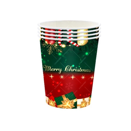 Set 16 Pahare de Unica Folosinta, Cyrax, Model Merry Christmas, Tematica de Craciun, 9.14 cm, Rosu Verde