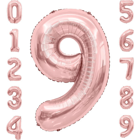 Balon din Folie Metalizata Cyrax, Figurina Cifra, Tema Aniversare 40 cm, Ambalaj Individual, Pai inclus, Umflare cu Aer sau Heliu, Rose Gold, Cifra 9