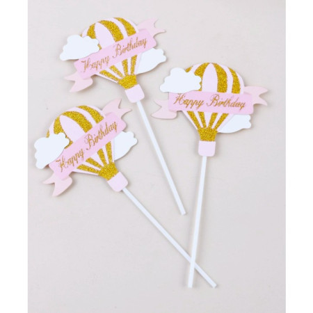 Set 3 Toppere pentru Tort, Cyrax, Model Balon cu Aer Cald Happy Birthday, Tematica Aniversare, Roz