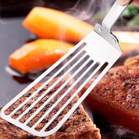 Spatula flexibila Cyrax, Fish Turner, din otel, durabila, cu margini subtiri pentru taiere, pentru carne, oua, peste, multifunctionala, argintiu
