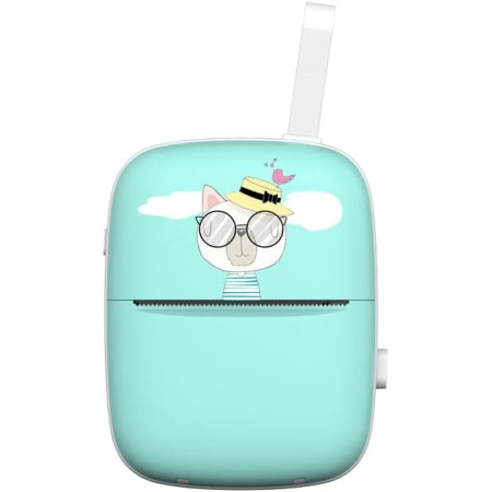 Set Mini Imprimanta Foto Portabila, Cyrax, Include: 1x Set de Markere, 5x Role de Hartie Termica, 5x Role Hartie Adeziva, Incarcare USB, Bluetooth, Print Alb-Negru, Model Pisica, Albastru