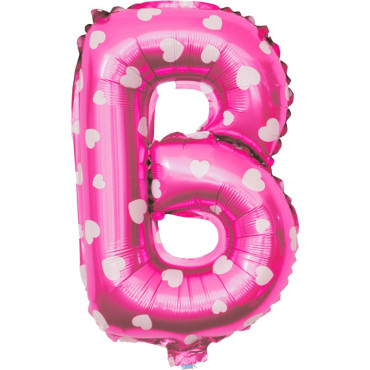 Balon Folie Metalizata Litera B, Cyrax, 40 cm, Cu Imprimeu Inimioare, Umflati cu Heliu sau Aer, Ambalaj Individual, Pai inclus, Roz