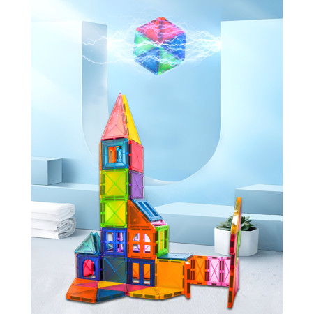 Set 32 Piese Magnetice de Constructie, Cyrax, Piese 5.5 cm, Magnetic Tiles, Forme Geometrice, 3 Ani, ABS, Magnet, 20.5 x 14.5 x 12 cm, Multicolor