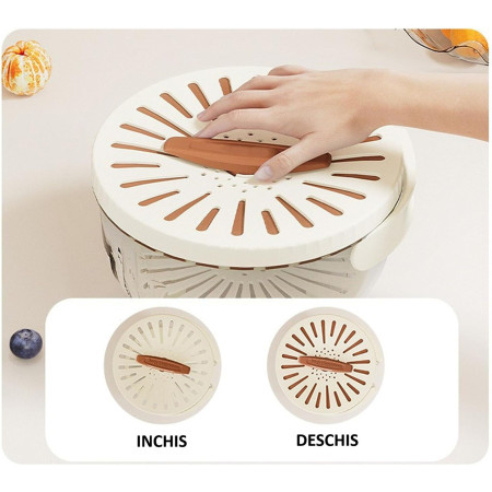 Strecuratoare 2 in 1 pentru Fructe si Legume, Cyrax, Cos de Scurgere si Cutie de Depozitare, 15.5 x 8.3 cm, din PP, cu Maner si Capac, Maro