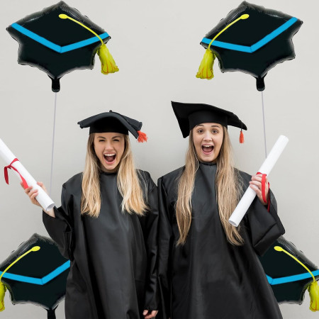 Balon din Folie Metalizata, Cyrax, Figurina, Model Toca Congrats Grad, Tematica Absolvire, 56x70 cm, Ambalaj Individual, Pai Inclus, Umflare cu Aer sau Heliu, Negru-Albastru