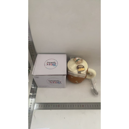 Cana din Ceramica, Cyrax, Model Urs pentru Baieti, Cana Universala, Cana pentru Ceai, Cana cu Lingura Metalica si Capac, 9.6 x  9.5 x 9.5 cm, 400 ml Maro inchis