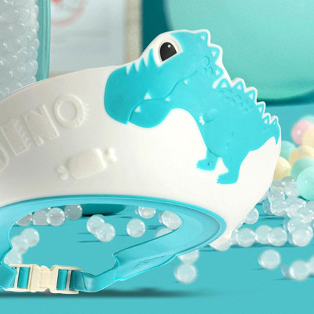 Cyrax Viziera de Protectie Baie Pentru Copii, Fippy, Model Dinozaur, Dimensiune ajustabila, Durabil, Usor de curatat, Impotriva Samponului, pentru Ochi si Urechi, TPE+PP, 22x21 cm, Albastru