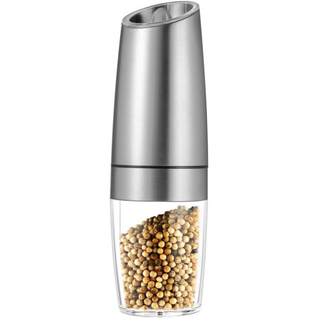 Set de 2 Rasnite electrice de Sare si Piper, Cyrax, cu Camere Depozitare Transparente, Macinare, Functionare pe Baterii, cu Lumina, ABS, 20x6.5 cm, Argintiu/Transparent