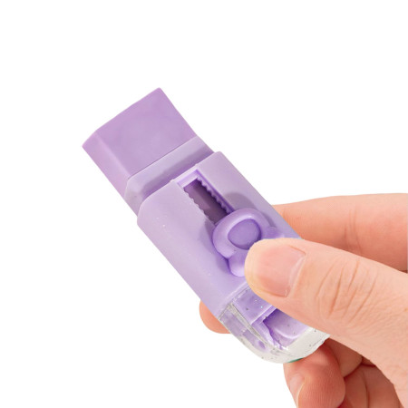 Radiera Retractabila,  Model Ursulet, Reglare Push-Pull, Radiera de tip Push, Doua Radiere de Rezerva in set din Cauciuc, Mov