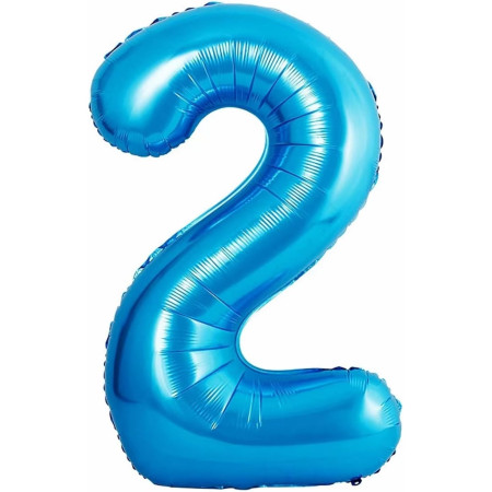 Balon din Folie Metalizata Cyrax, Figurina Cifra si Coroana, Tema Aniversare 100 cm, Ambalaj Individual, Pai inclus, Umflare cu Aer sau Heliu, Albastru, Cifra 2