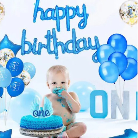 Set Baloane din Folie Metalizata, Cyrax, Model Happy Birthday, 45x85 cm, 45x124cm, Baloane Party, Ambalaj Individual, Pai Inclus, Umflare cu Aer sau Heliu, Albastru