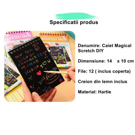 Caiet cu fise razuibile Cyrax, DIY Magic Scratch, 12 File, Curcubeu, Creion din Lemn, Cartonase negre, 14 x 10 cm, galben