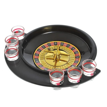 Joc de Baut Ruleta Cyrax, cu 6 Pahare de Shot din Sticla , 30 x 26.5 x 6.5 cm, Rosu/Negru