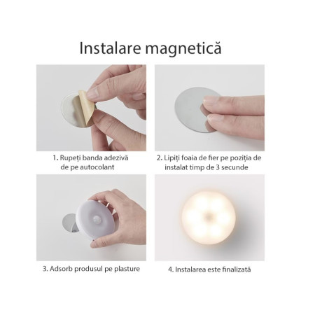 Lampa de Veghe LED,  cu Senzor de Miscare, Incarcare USB, 0.6W, 300mAh, Design Rotund, Alb, 8.5x2.3 cm