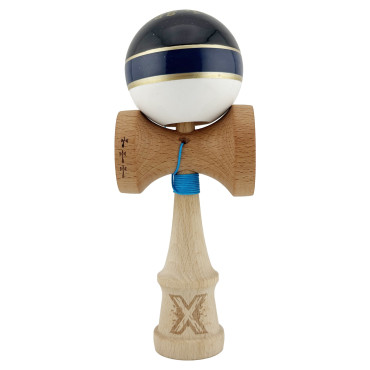 Kendama X ROYAL SPIKE Originala, Profesionala, Cyrax, Big Cups V2, Super Sticky cu Cupe Mari, Rulment Metalic, din lemn 18 cm, Ata 55 cm, Negru/Dark Blue Gold/Alb