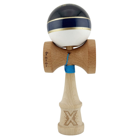 Kendama X ROYAL SPIKE Originala, Profesionala, Cyrax, Big Cups V2, Super Sticky cu Cupe Mari, Rulment Metalic, din lemn 18 cm, Ata 55 cm, Negru/Dark Blue Gold/Alb