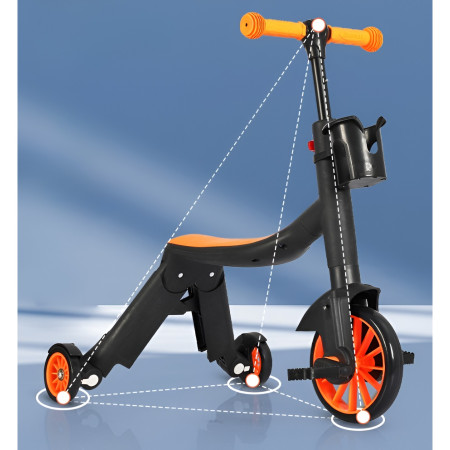 Bicicleta 8 in 1, Cyrax, Transformabila, Multifunctionala, Reglare Inaltime, cu Maner de Impingere Detasabil, Tricicleta, Trotineta, 3 Roti, Pedale, Cosulet, 3-6 Ani, Portocaliu