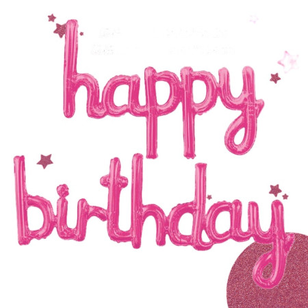 Set Baloane din Folie Metalizata, Cyrax, Model Happy Birthday, 45x85 cm, 45x124cm, Baloane Party, Ambalaj Individual, Pai Inclus, Umflare cu Aer sau Heliu, Roz