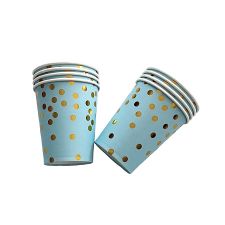 Set 10 Pahare, Cyrax, Imprimeu cu Buline, din Carton, 250 ml, 7.5 x 8.5 x 5.2 cm, Albastru/Auriu