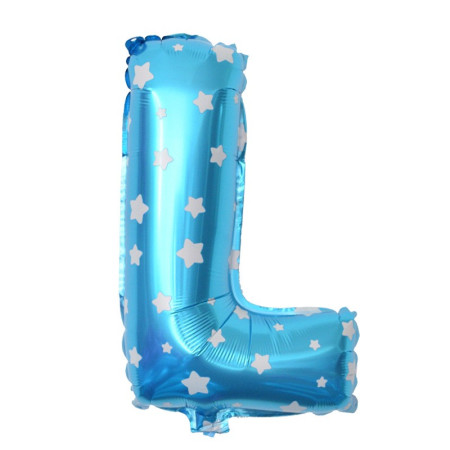 Balon Folie Metalizata Litera L, Cyrax, 40 cm, Cu Imprimeu Stelute, Umflati cu Heliu sau Aer, Ambalaj Individual, Pai inclus, Albastru