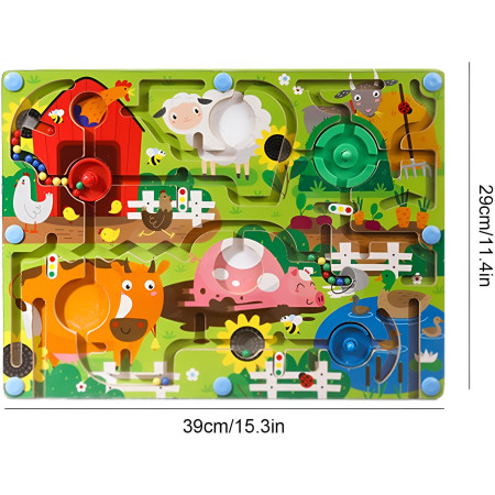 Joc Montessori de Sortare Culori, Cyrax, Creion Magnetic, Tip Labirint Ilustrat, din Lemn, Model Ferma, 39x29x1.5 cm