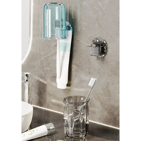 Suport Multifunctional 2 in 1, Pahar si Suport pentru Periuta de Dinti,  Plastic, Dimensiune: 10.4 x 7.3 x 7.3 cm, Gri