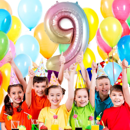 Balon din Folie Metalizata Cyrax, Figurina Cifra, Tema Aniversare 40 cm, Ambalaj Individual, Pai inclus, Umflare cu Aer sau Heliu, Multicolor, Cifra 9