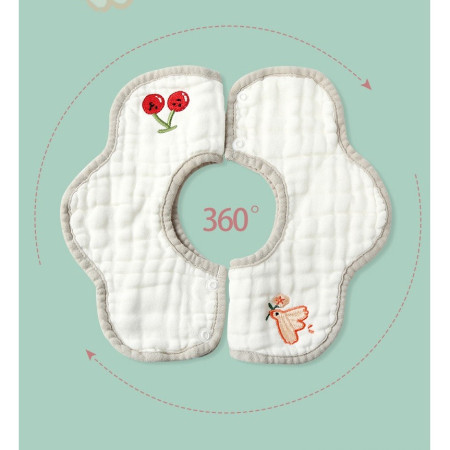 Baveta Tip Floare, Cyrax, din Bumbac, pentru Copii 0-12 Luni, Rezistenta la apa, 8 Straturi, Model Tricotat cu Cirese, 26 x 29 cm, Alb