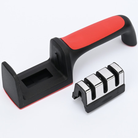 Dispozitiv pentru ascutit cutite Cyrax, cu 3 pozitii, rosu/negru, material inox si ABS, 21.5x5x6 cm
