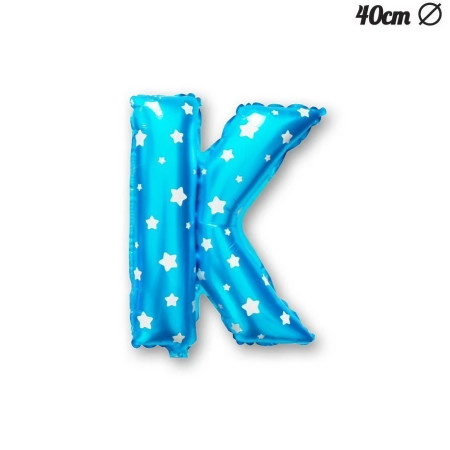 Balon Folie Metalizata Litera K, Cyrax, 40 cm, Cu Imprimeu Stelute, Umflati cu Heliu sau Aer, Ambalaj Individual, Pai inclus, Albastru