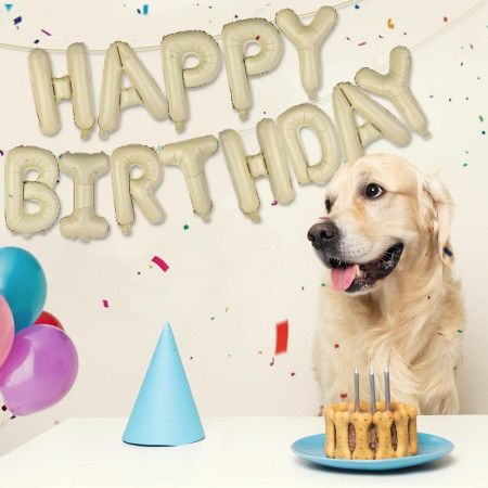 Set 25 de Baloane din Folie Metalizata si Latex, Cyrax, Figurine 2 Stele, 4 Baloane Confetti, 13 Litere, 6 Latex, Model Happy Birthday, Tema Aniversare, 40 cm, Ambalaj Individual, Pai Inclus, Umflare cu Aer sau Heliu, Bej